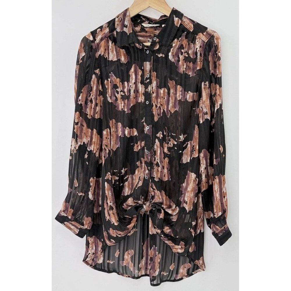 Caffe Marrakesh Black Striped Chiffon Button Tie Front Blouse Size M Preppy‎